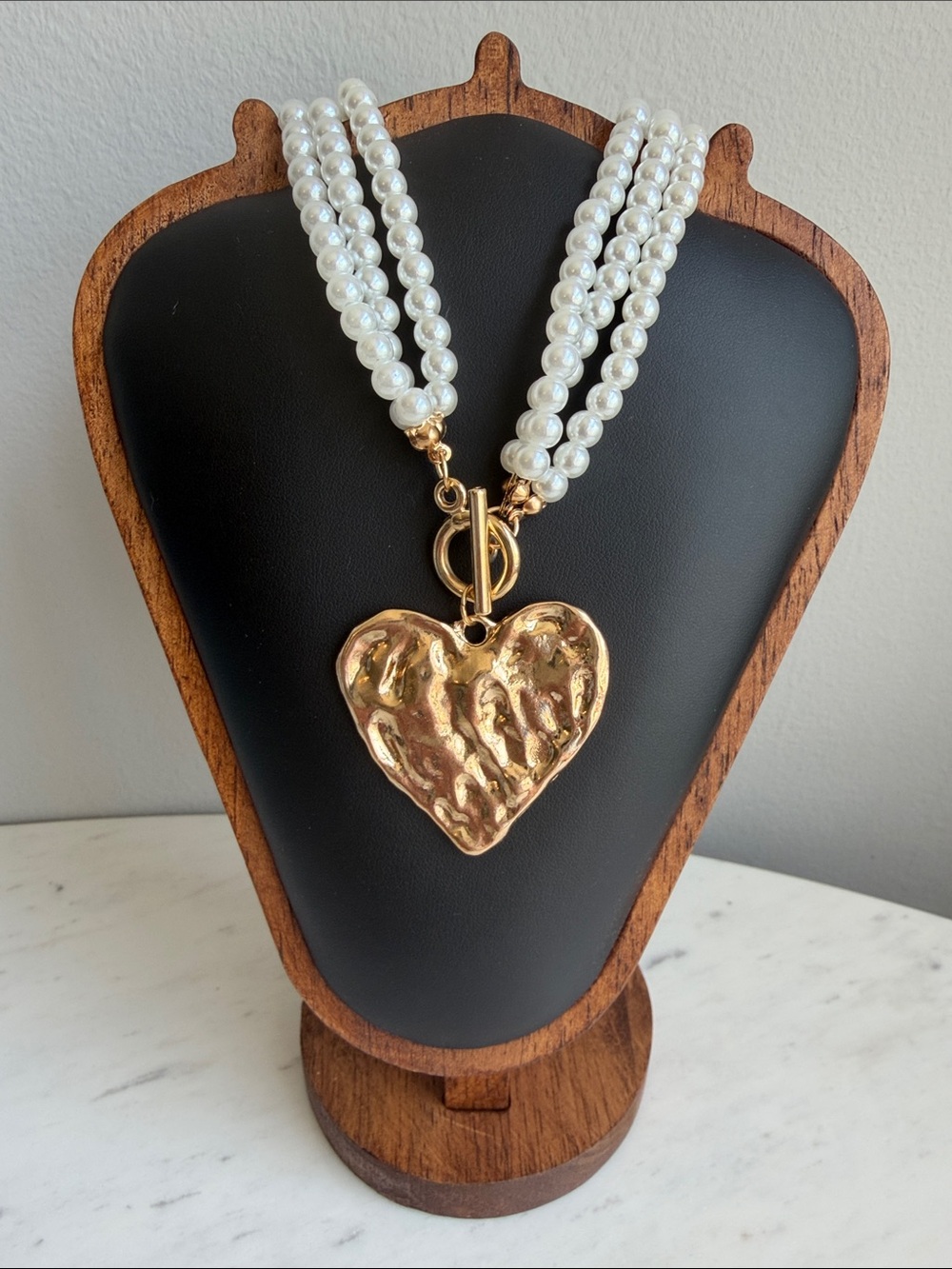 Gold Hammered Heart and Faux Pearl Multi-Strand Necklace with Gold Heart Pendant